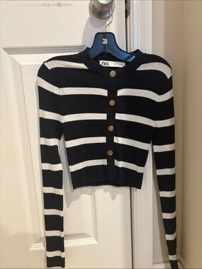 Zara Black and White Striped Ribbed Button-Up Cardigan